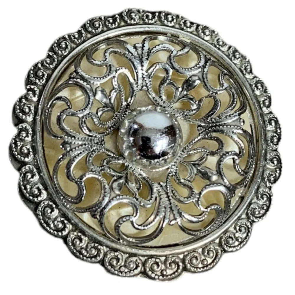 Vintage Signed W. Germany Silver Tone Intricate Round  Dome Scarf Clip